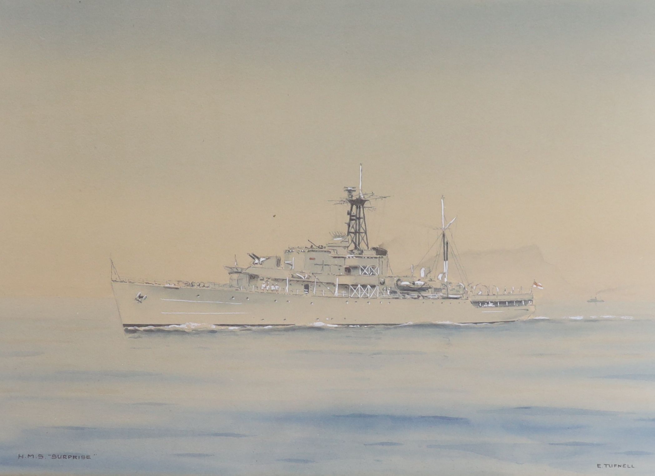 Eric Erskine Campbell Tufnell (1888-1978), watercolour, 'HMS Surprise', signed, 19 x 27cm